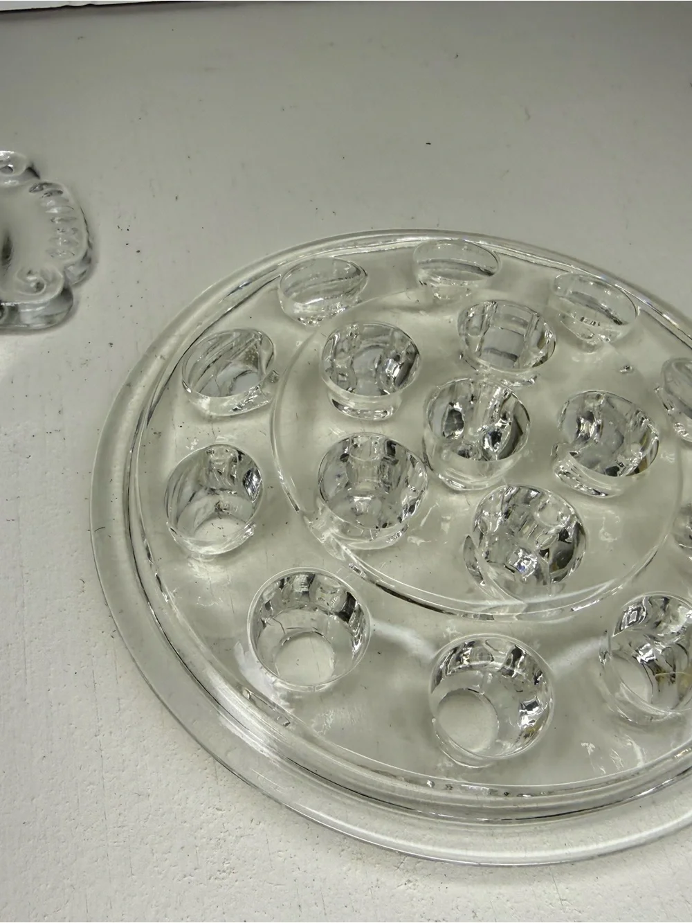 Vintage Anchor Hocking Old Cafe 16 hole clear glass Flower Frog bowl, circa 1930